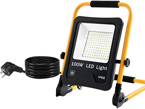 Aufun Foco LED portátil de 100 W con enchufe, foco LED con cable de alimentación de 3 m, lámpara de construcción con brazo plegable ajustable, IP66 resistente al agua, blanco cálido