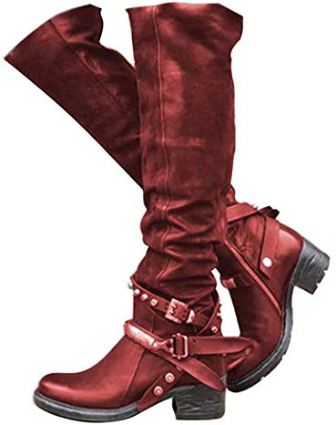 Minetom Stivali Donna Overknee Tacchi Alti sopra Il Ginocchio Stivali Tacco Alto Stivali Lunghi Boots Fibbia Scarpe Invernali Vino Rosso 37 EU