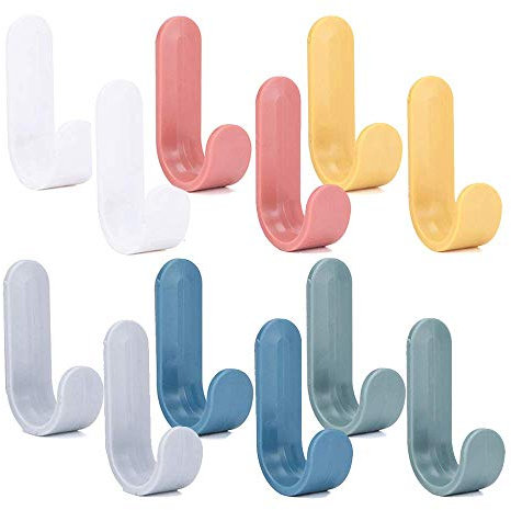 Juliyeh 12 Pieces Self Adhesive Hooks Wall Hanging Plastic Creative Cute J-Shaped Hooks Powerful Self Adhesive Hooks for General Bathroom Kitchen Use Sticky Wall Hook Waterproof