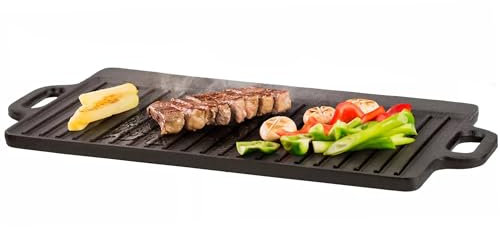 Pro Non-Stick Cast Iron Reversible Griddle Pan BBQ & Hob Cooking for Fat Free Healthier Cooking Oil Drip Channel and Integrated Handles