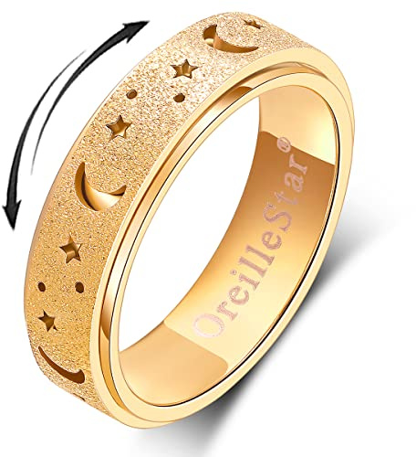 OreilleStar Anxiety Ring for Women Spinner Ring Stainless Steel Fidget Toys Adults Fidget Spinner Ring Fidgit Ring (Moon Star-Gold, 8)
