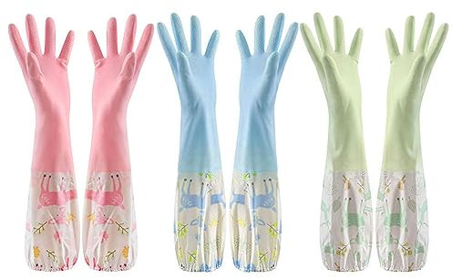 LATRAT Lot de 3 paires de gants de cuisine longs antidérapants en caoutchouc pour la cuisine, la vaisselle, le ménage, le nettoyage du linge