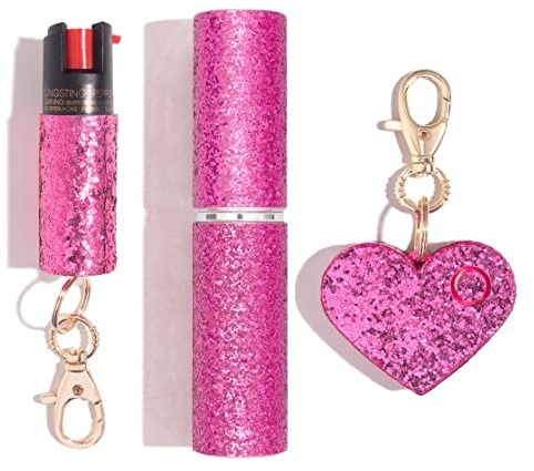 BLINGSTING Pepper Spray, Mini Stun Gun, & Alarm 3-in-1 Safety Kit - Professional Grade, Maximum Strength, High Voltage, Rechargeable Self-Defense for Women, Pink Glitter