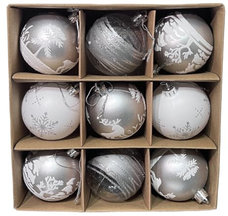 9er Set edle Weihnachtskugeln Ø 6cm Weihnachtsbaum Kugeln Christbaumkugeln Weihnachts-Deko Christbaum-Schmuck (Weiß/Silber)