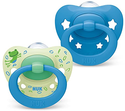 NUK Signature Babyschnuller | 18-36 Monate | Beruhigt 95 % der Babys | BPA-freie Silikonschnuller in Herzform | Mit Etui | Blaue Sterne | 2 Stück