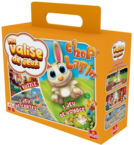 Chop' Rabbit Multi-Games resväska - Brädspel för barn - Från 4 år - Familjerespel med 1 kortspel, 1 pussel och chop kanin - lätt att bära - 1 till 4 spelare