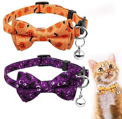SAVITA 2pcs Halloween Cat Collars, Adjustable with Bow Printed Pumpkin Bats Pattern, Breakaway with Silver Bell, Cute for Kitten Puppy