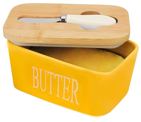 Chasechic mantequera cerámica 500 ml con cortador, tapa de bambú, junta de silicona extraíble, Amarillo