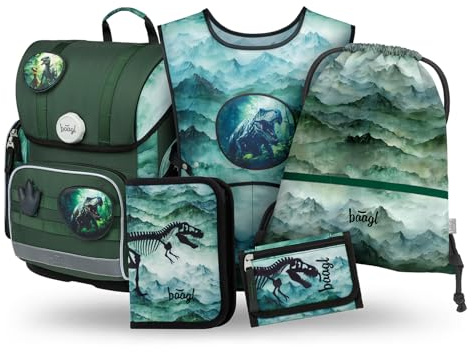 Baagl Schulranzen Jungen Set 5 Teilig (Ergo Schultasche für 1. Klasse, Mäppchen, Turnbeutel, Schürze, Brustbeutel), Grundschule Ranzen, Ergonomischer Schulrucksack, 19 l (Dino)
