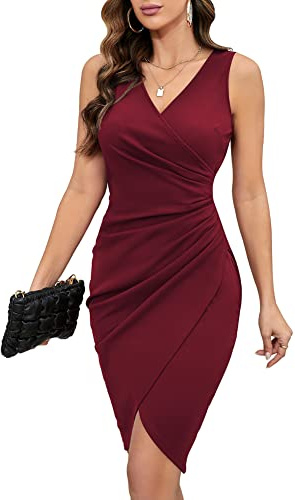 MISSJOY 2026 Women's Sexy V Neck Sleeveless Faux Wrap Ruched Sheath Bodycon Cocktail Party Work Dress