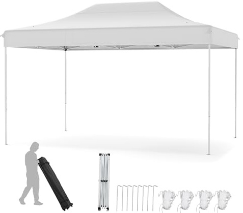 COSTWAY 3 x 4,5 m vikbar paviljong, pop-up paviljong justerbar höjd med rullficka, 4 rep, 8 pinnar vattentät trädgårdspaviljong, trädgårdstält, festtält för fest, bröllop (beige)