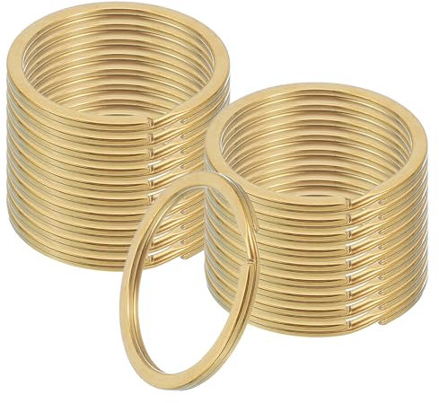 sourcing map 20pcs Split Keychain Rings, 35mm Round Flat Keyrings Stainless Steel Open Key Chain Ring Dog Tag Rings for DIY Keychain Craft Lanyard, 2mm Thick, Gold