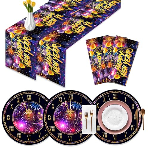 DPKOW 9pcs Happy New Year Table Runner Placemats Colorful Fireworks, New Years Eve Decorations 2026, NYE Party Decorations Supplies 2026, 3pcs Table Runner Disposable Waterproof, 6pcs Paper Place Mats