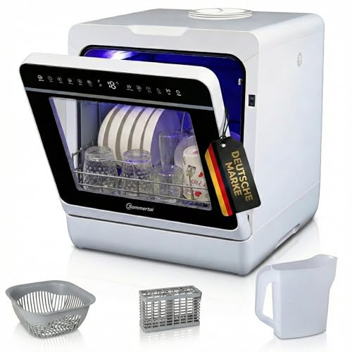 Sommertal SP9 Mini Geschirrspüler | Tischgeschirrspüler für 1 bis 5 Personen | bis 28cm Teller | 10+1 Funktionen | Kleine kompakte Spülmaschine | freistehend, LED, Touch, 5L Wassertank & Festanschluss