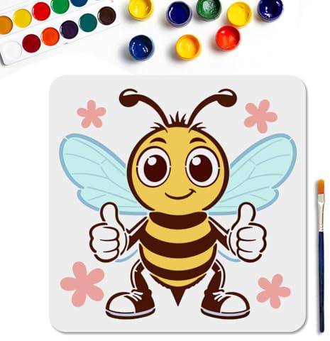 MAYJOYDIY Cartoon Bee Painting Stencils Reusable Drawing Stencil 30x30cm | Bee Thumbs up Desgin, With Paint Brush, PET Hollow Drawing Template, For Wood Wall Furniture Window Home Decoration