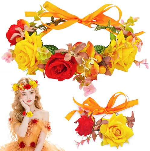 HuaMuDM Garland huvudbonad, blomma pannband girlang | Blomkranspannband med 1 blommigt armband, lämplig för födelsedagar, brudtärna, brudbröllop