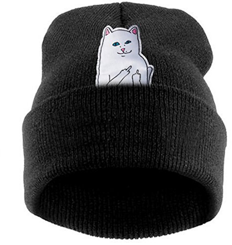 Belsen Damen aufrecht Mittelfinger Katze Hiphop Beanie Strick Mütze Skull Cap (schwarz)