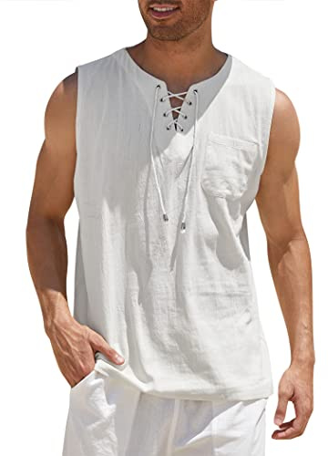 COOFANDY Mens Sleeveless Hippie Tops Casual Lace Up Tunic V-Neck Yoga Beach Top White