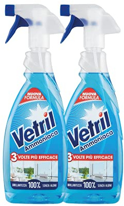 Vetril - Detergente Spray Vetri e Superfici con Ammoniaca, Azione Sgrassante e Brillantezza Senza Aloni, 650 ml x 2 Pezzi