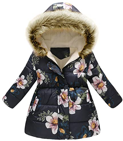 amropi Manteau Enfant Fille À Fleurs Veste à Capuche Fourrure Chaud Hiver Vêtement Marine Fleur, 2-3 Ans