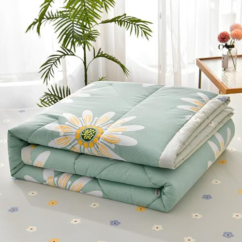 Chickwin Quilted Bedspread for Single Double Size, 180x200cm Green Daisy Floral Printed Pattern Bedding Coverlets Lightweight Summer Bed Throws Comforter Soft Luxury Sofa Blanket for All Season