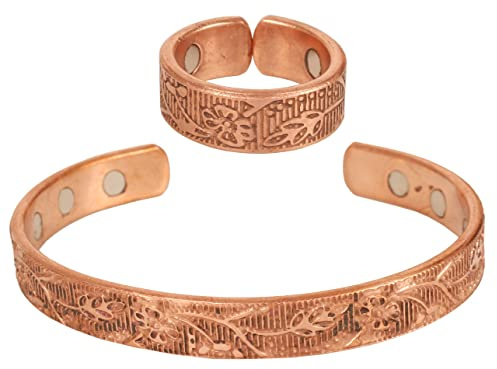 Touchstone bracelet magnétique en cuivre de forgé à la main avec des motifs de pétales gravés de haute qualité et d'une élégance minimaliste. Bracelet en cuivre pur et bague identique en ton naturel.