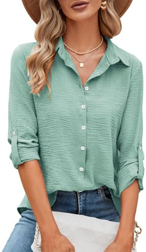 Odosalii Langarmshirt Damen, Bluse Damen Elegant, 3/4 Ärmel V Ausschnitt Blusen, Casual Einfarbig Lose Roll Up Musselin Tunika Oberteile Hemd mit Knöpf Tops Interview Arbeit Bluse(Hellgrün,Medium)