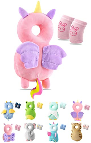 JEJA Baby Head Protector Backpack and Baby Knee Pads for Crawling, Adjustable Head Back Protection Safety Pads Toddler Walking - Pink Horse