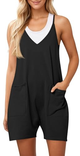 Ebifin Dam hängselbyxor, korta arbetsbyxor, sommar, lös overall, jumpsuit, ärmlösa hängselbyxor med stora fickor., svart, S