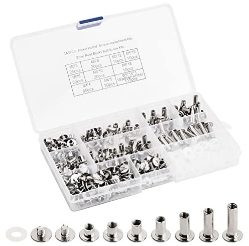 230 Stück Binding Schrauben, 7 Größen Chicagoschrauben Nieten mit Aufbewahrungsbox, M5 Hülsenmutter Verbindungsschrauben, Buchschrauben Set, Buchbinderschrauben für Leder Gürtel Taschen Stiefel Papier