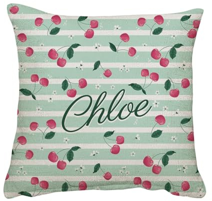 Getagift Personalised Fruits Patterns theme, Initial with Name, Alphabet Cushion, Home Décor, Linen Throw Pillow/Cushion. (Cherries, Linen Cushion Cover)