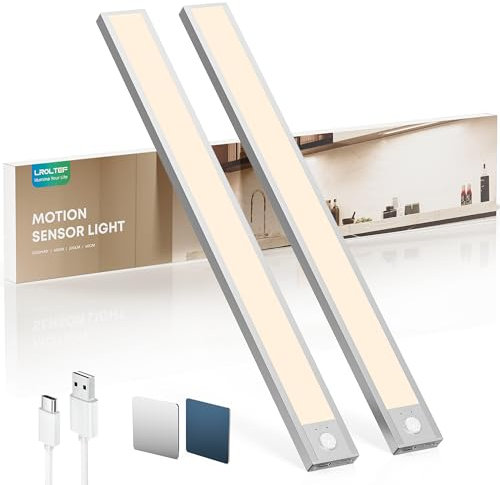 LROLTEF Luz Led Armario Cocina con Sensor de Movimiento Interior 40CM 2200mAh 4000K 66 LED Lampara Luces Mueble Recargable sin Cables Inteligente Lamp Nocturna para Gabinete Escalera Pasillo 2 Piezas