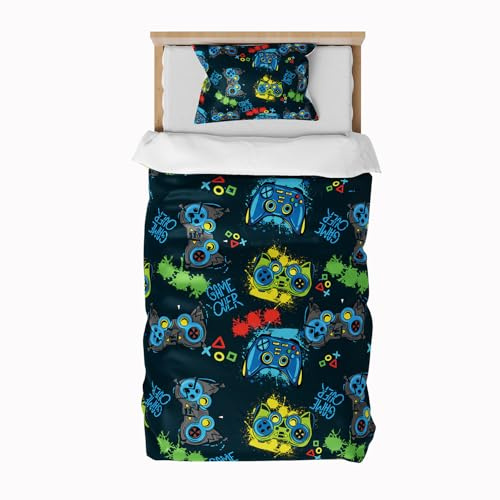 DJDEA Housse de Couette en Microfibre 140x200cm, Parure de Lit 1 Personne avec Fermeture Éclai avec Taie d'oreiller 65x65cm, Motif Unique de la Manette de Jeu, Adolescents Kids Bedding Set