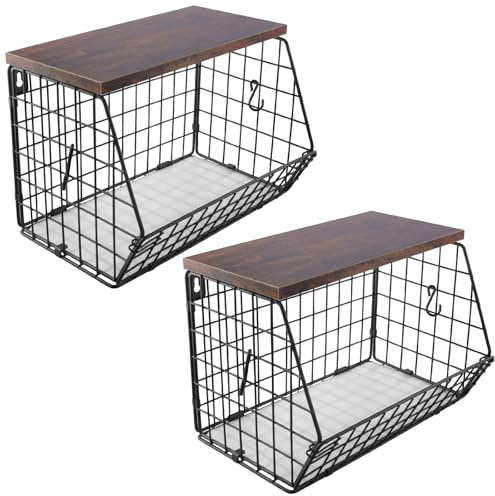 JIEHIN 2 cestas de frutas colgantes de color negro, 2 niveles, cesta colgante de pared, apilable, organizador de frutas con tapa de madera, cesta de alambre para frutas, cesta de pared, cesta colgante