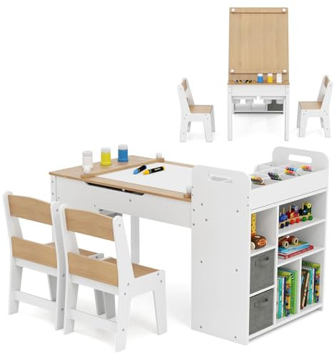 COSTWAY Kindertisch mit 2 Stühlen, 3 in 1 Maltisch+Staffelei Holz mit Stauraum, Kindersitzgruppe mit anhebbarer Tischplatte & abnehmbarem Ablagetablett, Basteltisch Kinder für ab 3 Jahren (Natur)