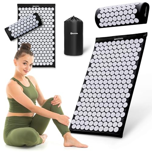 HyperMotion Akupressurmatta 72 cm med kudde och lock, 8 820 tryckpunkter, bomull och ABS-spikar, ergonomisk, svart och vit, för avkoppling, massage och kroppsåterhämtning