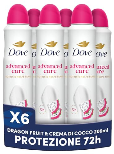 Dove Deodorante Spray Advanced Care Dragon Fruit & Coconut Cream, Deodorante Antitraspirante 72 Ore Protezione Sudore e Odori, con Formula Idratante e Delicata sulla Pelle, 6 Pezzi da 200 ml