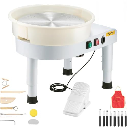 VEVOR Torno de Alfarero 35 cm, Rueda de Cerámica Eléctrica, Velocidad de 60 a 300 RPM, con Placa de Aluminio Pedal de Control Kit Completo de Accesorios, para Alfarería Bricolaje Juego, Color Blanco