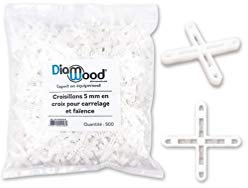 Diamwood Croisillons 5 mm en Croix pour Carrelage et Faïence avec forme ajourée - Pack de 500 pièces - Dimensions 37 mm x 37 mm x 4 mm - Épaisseur 5 mm - Renforcement optimal - Couleur blanche