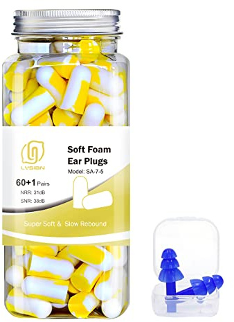 LYSIAN Soft Foam Ear Plugs for Sleeping, 60 Pairs, 38dB SNR, Yellow/White