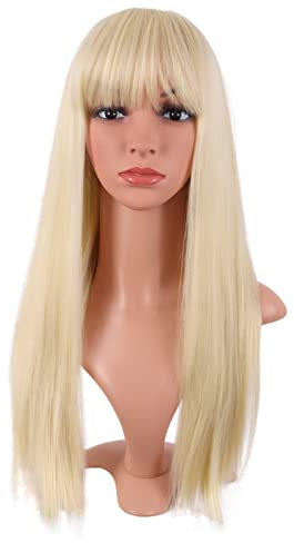 MapofBeauty 24 Zoll/60 cm Frauen Lange Gerade Flache Pony Kunsthaar Hitzebeständiges Faserhaar für Party Cosplay Perücke (Gemischt Gold)