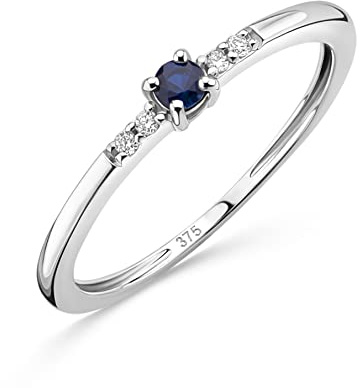 OROVI anello donna Oro 9Kt vero, con Diamanti e uno Zaffiro - Oro Bianco - Gioielli donna - Gioiello Ipoallergenico - Fatto a Mano