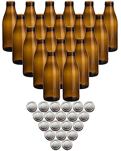 gouveo 20er Set Saftflasche 1000 ml Antik mit Schraubdeckel silberfarben - Braune Glasflasche 1 Liter mit TO48 Verschluss - Leere Flasche zum Befüllen (SFA1000S)