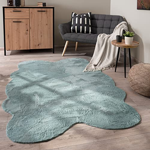 Paco Home Waschbarer Teppich Wohnzimmer Schlafzimmer Kurzflor rutschfest Modern Flauschiger Fellteppich Fell Imitat Kunstfell, Grösse:140x200 cm Fell-Form, Farbe:Türkis