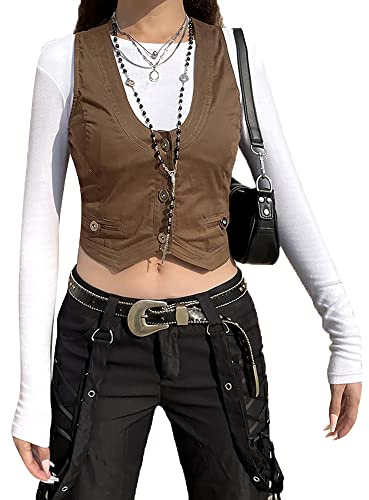 Acrawnni Women Y2K Waistcoat Vest Halter Neck Button Down Dressy Vests Tuxedo Suit Racerback Vintage Slim Fit Streetwear (B-Light Brown, XXL)