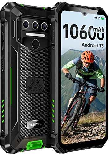 OUKITEL WP23 Android 13 Outdoor Handy 10,600 mAh Rugged Smartphone 6,517 Zoll HD+ 7GB+64GB 1TB Erweiterbar ohne vertrag 13MP+5MP Kamera 4G Dual SIM,IP68/NFC/OTG/GPS/Face ID, Grün