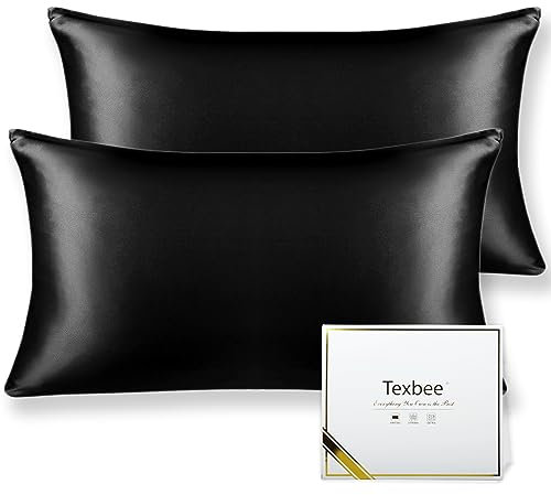 Texbee Seidenkissenbezug 40x80cm für Haar und Haut 2 Stück Beide Seiten 22 Momme Natürliche Kissenbezug Seide mit verstecktem Reißverschluss Weiche Atmungsaktive Glatte Standardgröße-Schwarz