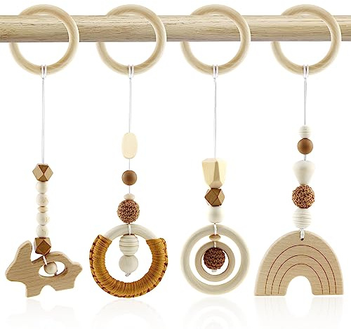 BINYI Arche Portique Deveil Eveil Bebe Bois Arche de Jeux Bébé Jouet Poussette 4 Pièces Jouet a Suspendre Bebe Arches de Jeu pour Jeux Nouveau Né en Bois pour Siège de Bébé Landau (Marron)