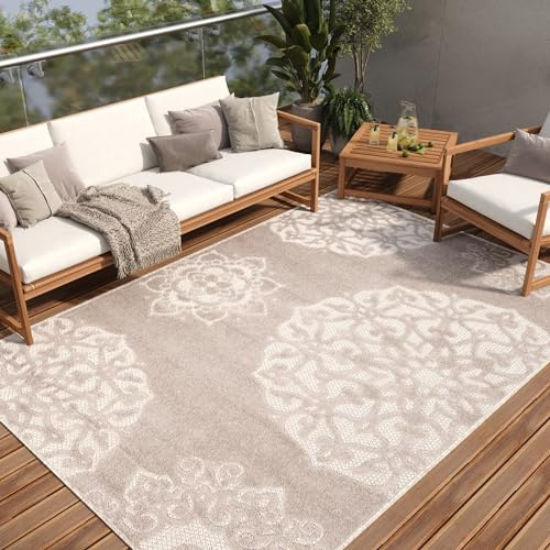 TAPISO Patio Teppich Outdoor Indoor Beige Grau Blumen Ornament Sisaloptik Strapazierfähig Wasserfest Wetterfest Küche Wohnzimmer ÖKO-TEX 240 x 330 cm