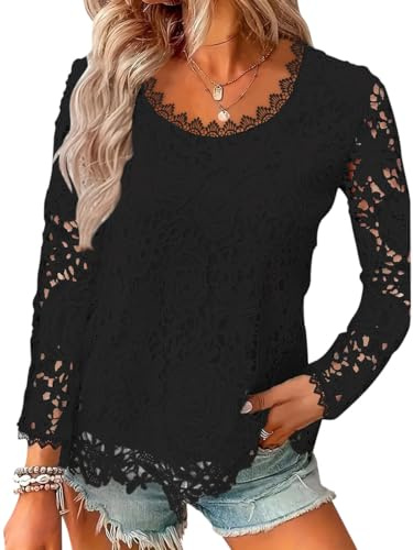 Tomwell Femme Tee Shirt Dentelle Couleur Unie Manches Longues Loisirs D'été Chemisier en Dentelle Blouse Décontracté en Dentelle Tops Chemisiers